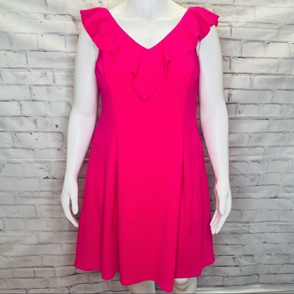 Eliza J Pink Perforated Ruffle Fit & Flare Short Casual Dress